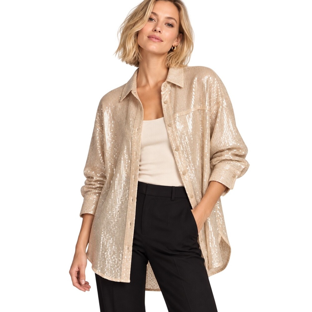Pilcro Anthropologie Sequin Button Down Shirt XS Champagne Oversized Party Top